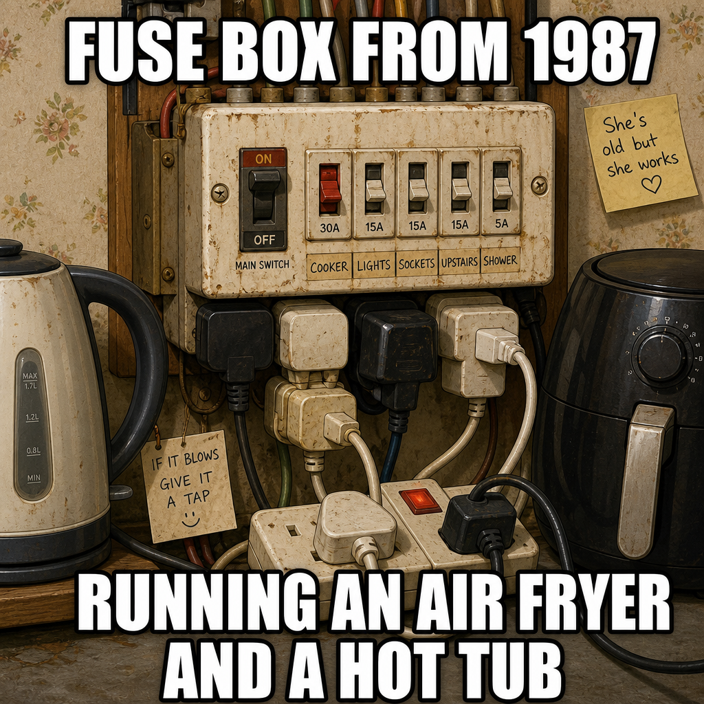 Fuse box from 1987 running an air fryer and a hot tub.